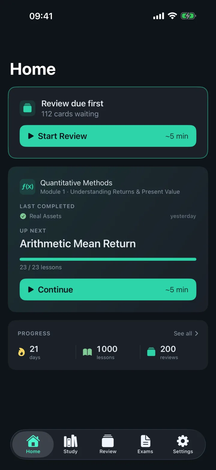 Home dashboard with study streak and review-due cards