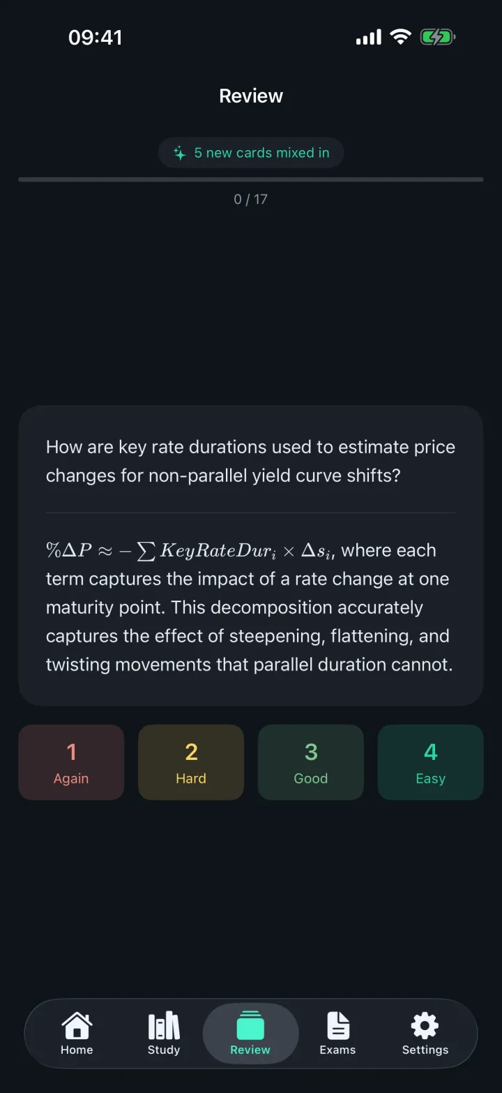 A flashcard flipped to its answer with Again, Hard, Good, and Easy rating buttons